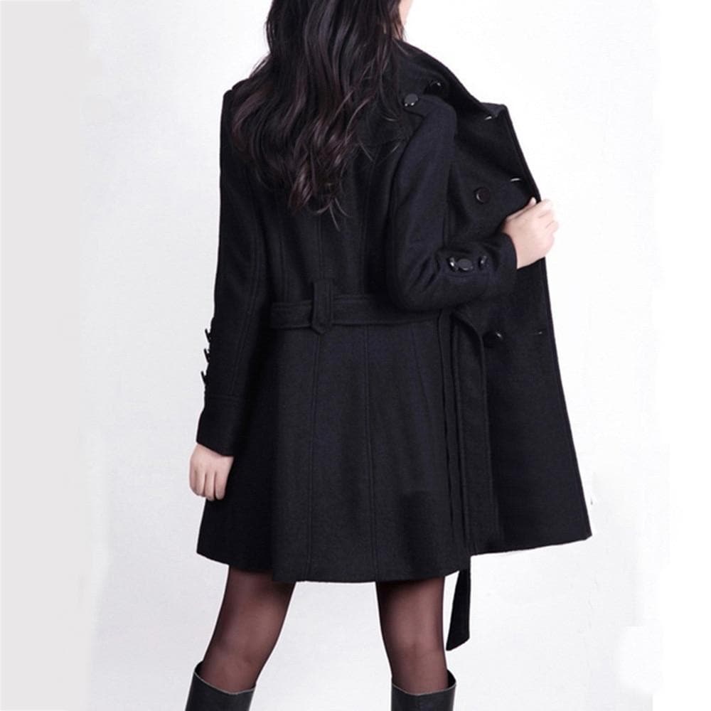 Trench donna nero o marrone, elegante con cintura in vita, capospalla classico per autunno e primavera.