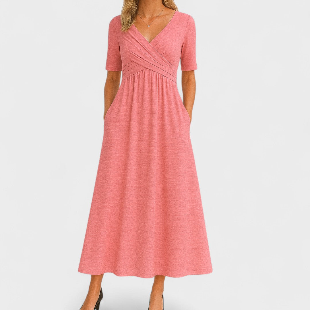 Vestito midi casual donna con scollo a V incrociato, tasche e gonna svasata. Perfetto per il giorno.