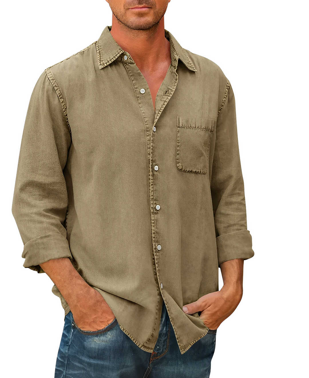 Camicia casual uomo in denim a manica lunga, versatile per un look quotidiano confortevole e alla moda.