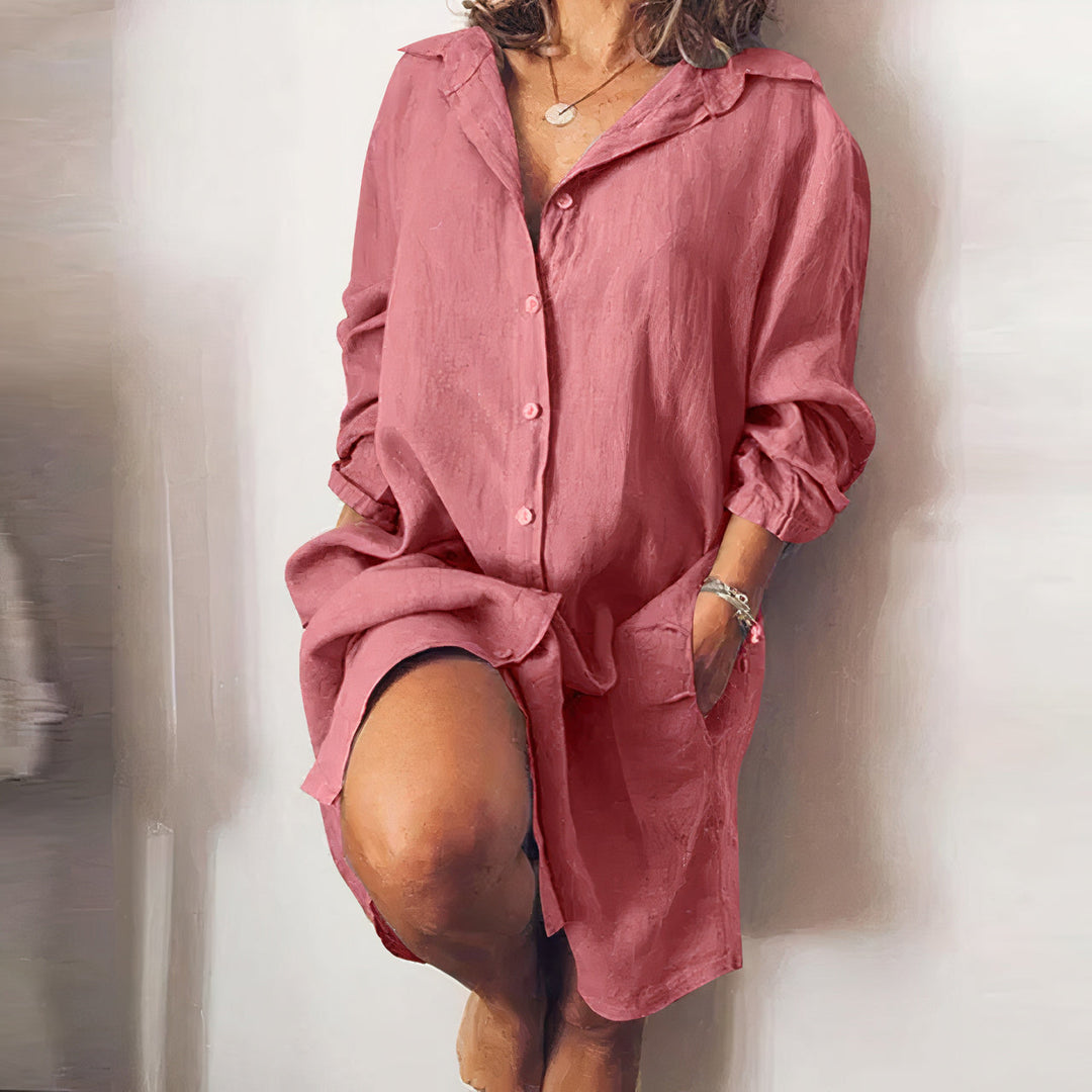Abito donna midi casual con maniche lunghe e bottoni. Abito estivo versatile per comfort e stile quotidiano.
