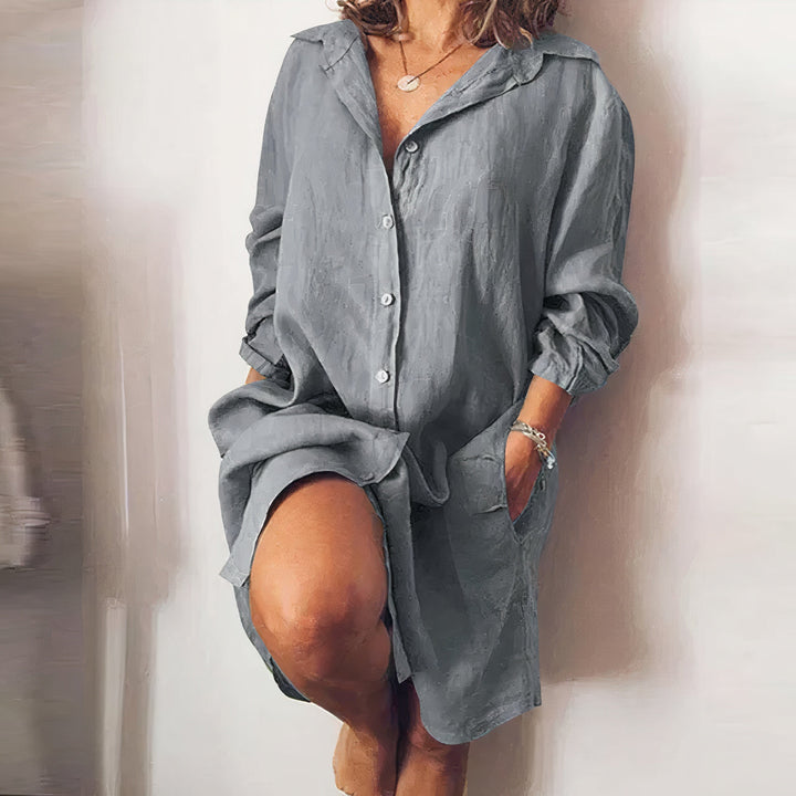 Elegante abito camicia midi estivo da donna, con bottoni e maniche lunghe. Abito in cotone per look chic.