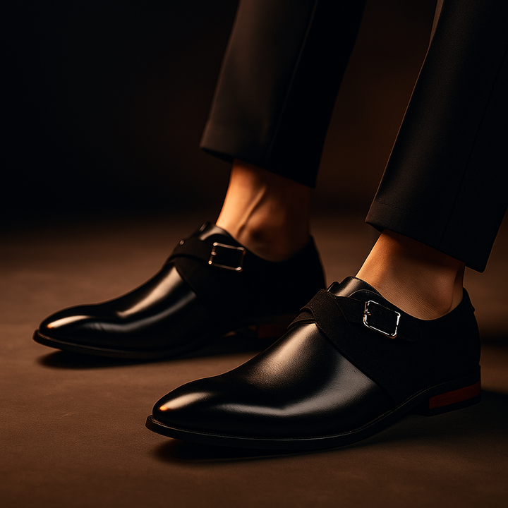 Raffinate scarpe Derby uomo slip-on, design con fibbia per un look formale business impeccabile.