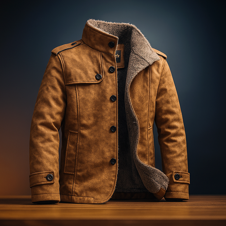 Elegante giacca lunga da uomo in pelle con bottoni, massima copertura e comfort per il freddo.