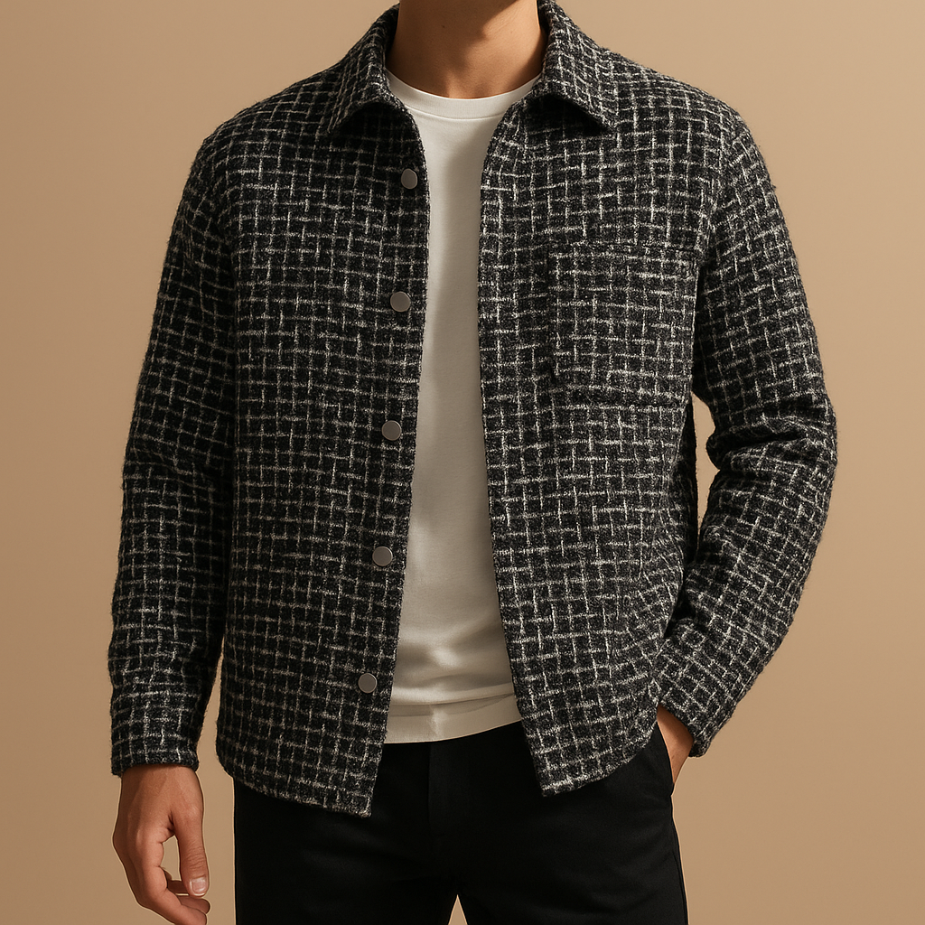 Camicia giacca uomo pied-de-poule elegante e versatile, perfetta per l'autunno-inverno. Stile casual chic.