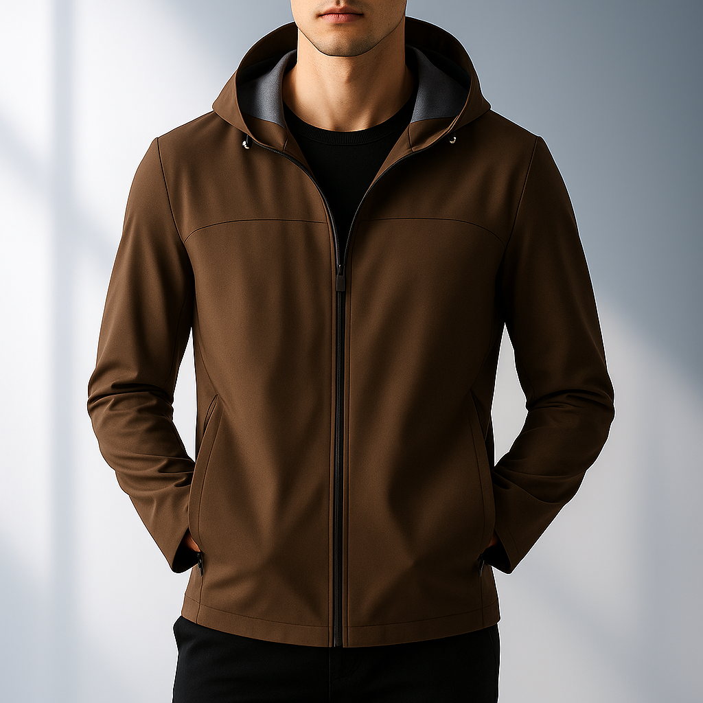 Giacca uomo invernale di tendenza con cappuccio, protezione dal freddo e look casual moderno.