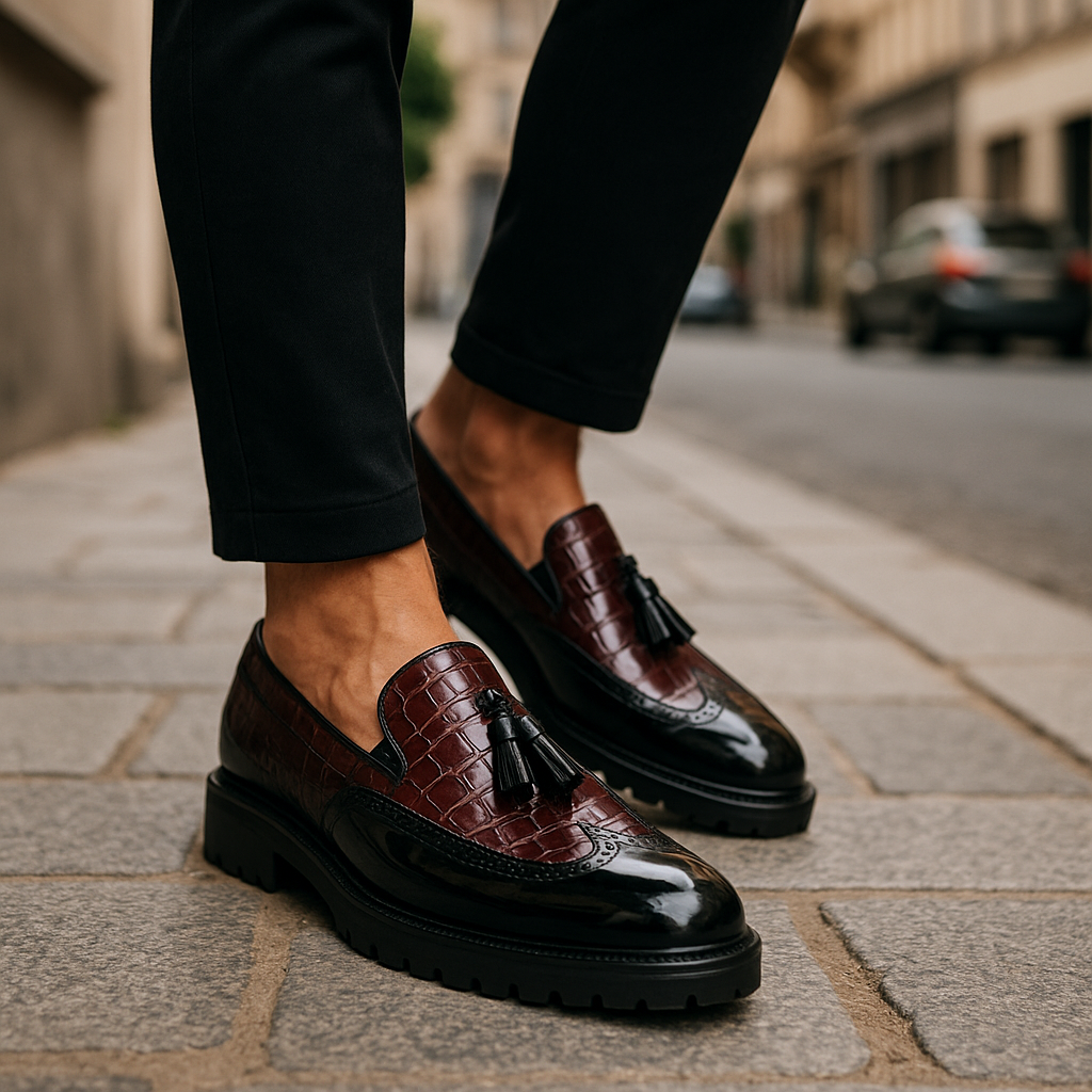 Mocassini uomo bianchi effetto coccodrillo, nappine e cuciture artigianali; scarpe versatili per eventi.