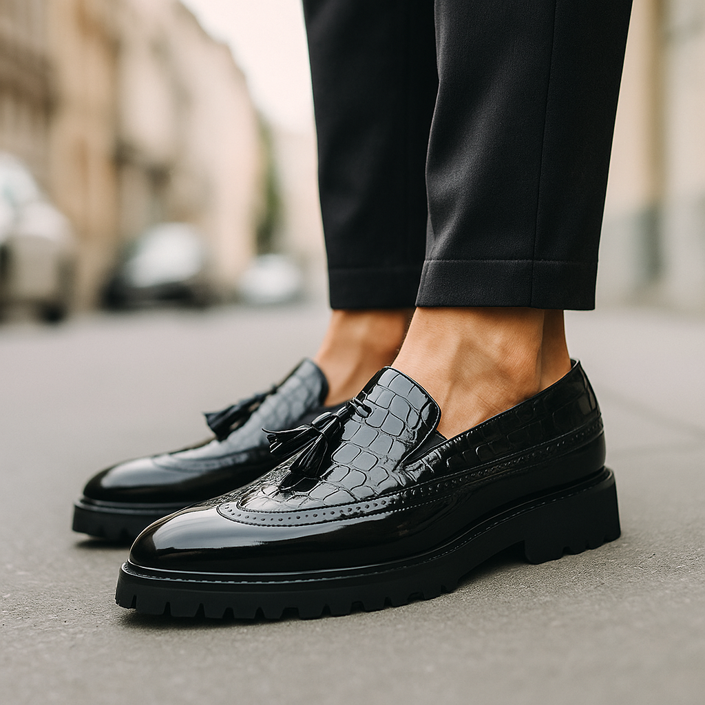 Scarpe formali uomo in stile coccodrillo, mocassini raffinati per l'ufficio, con nappine e design confortevole.