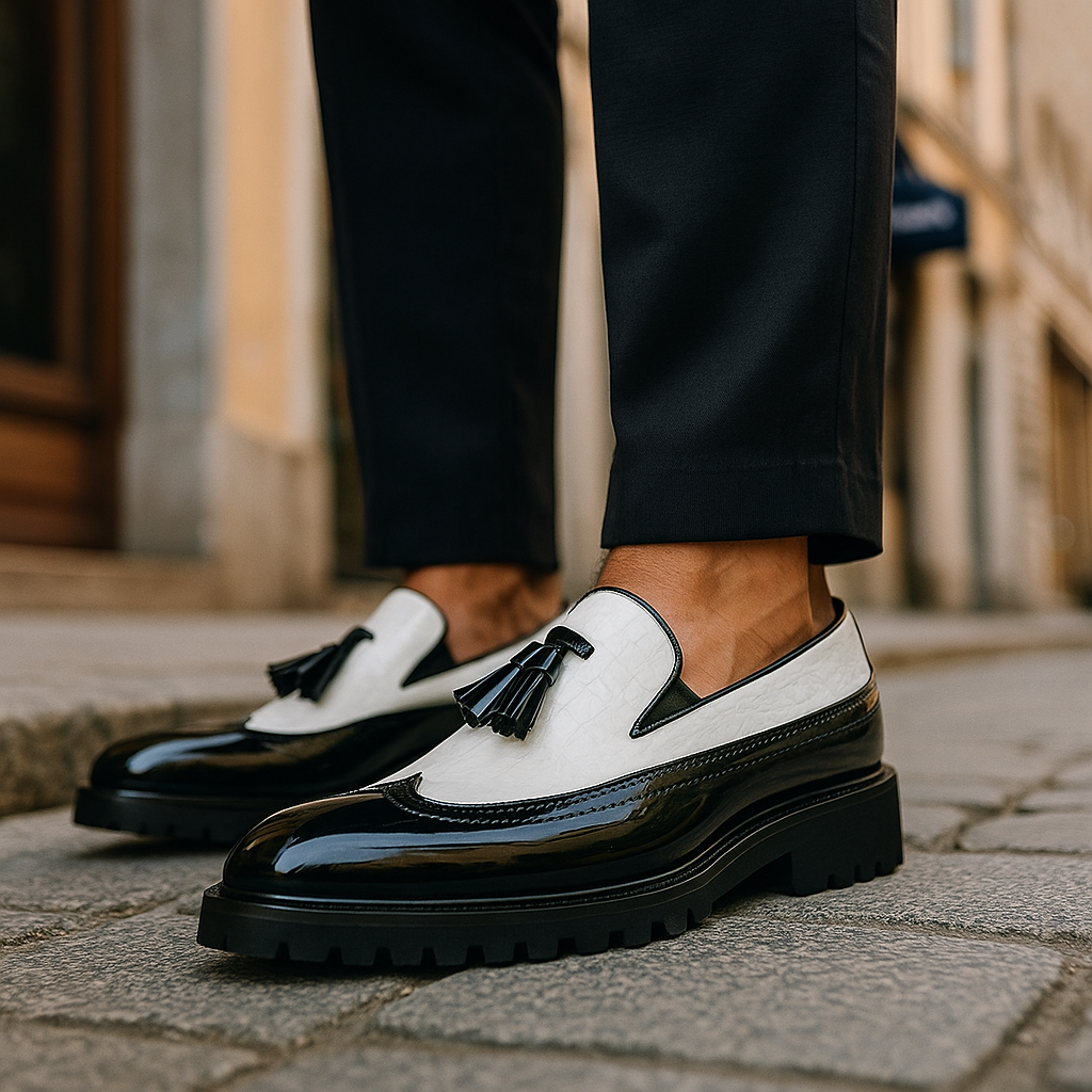 Mocassini uomo neri lucidi effetto coccodrillo, scarpe eleganti con nappine e suola confortevole, perfette per business.