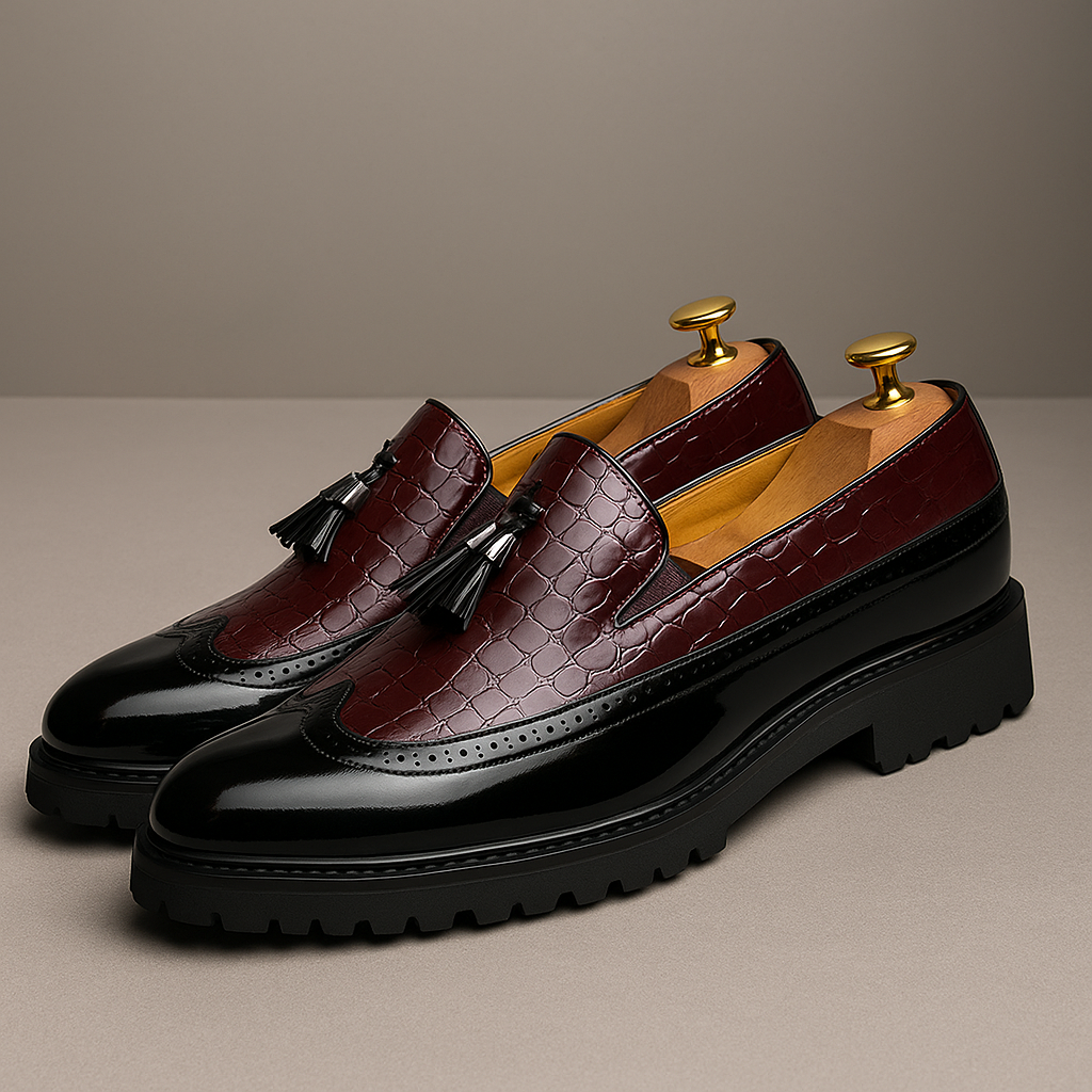 Mocassini uomo eleganti effetto coccodrillo, con nappine e cucitura a mano per stile e comfort formale.