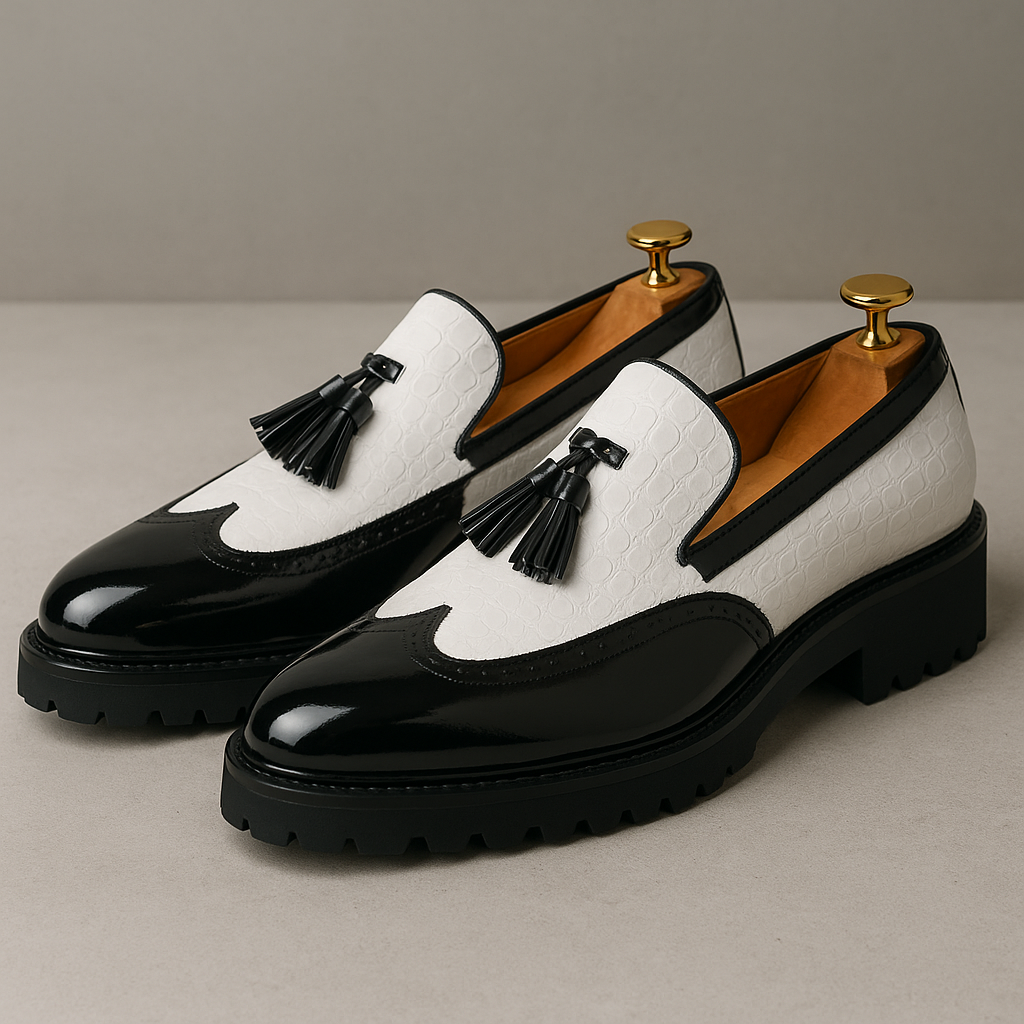 Calzature uomo business bordeaux, mocassini con texture coccodrillo, nappine e dettagli cuciti a mano.