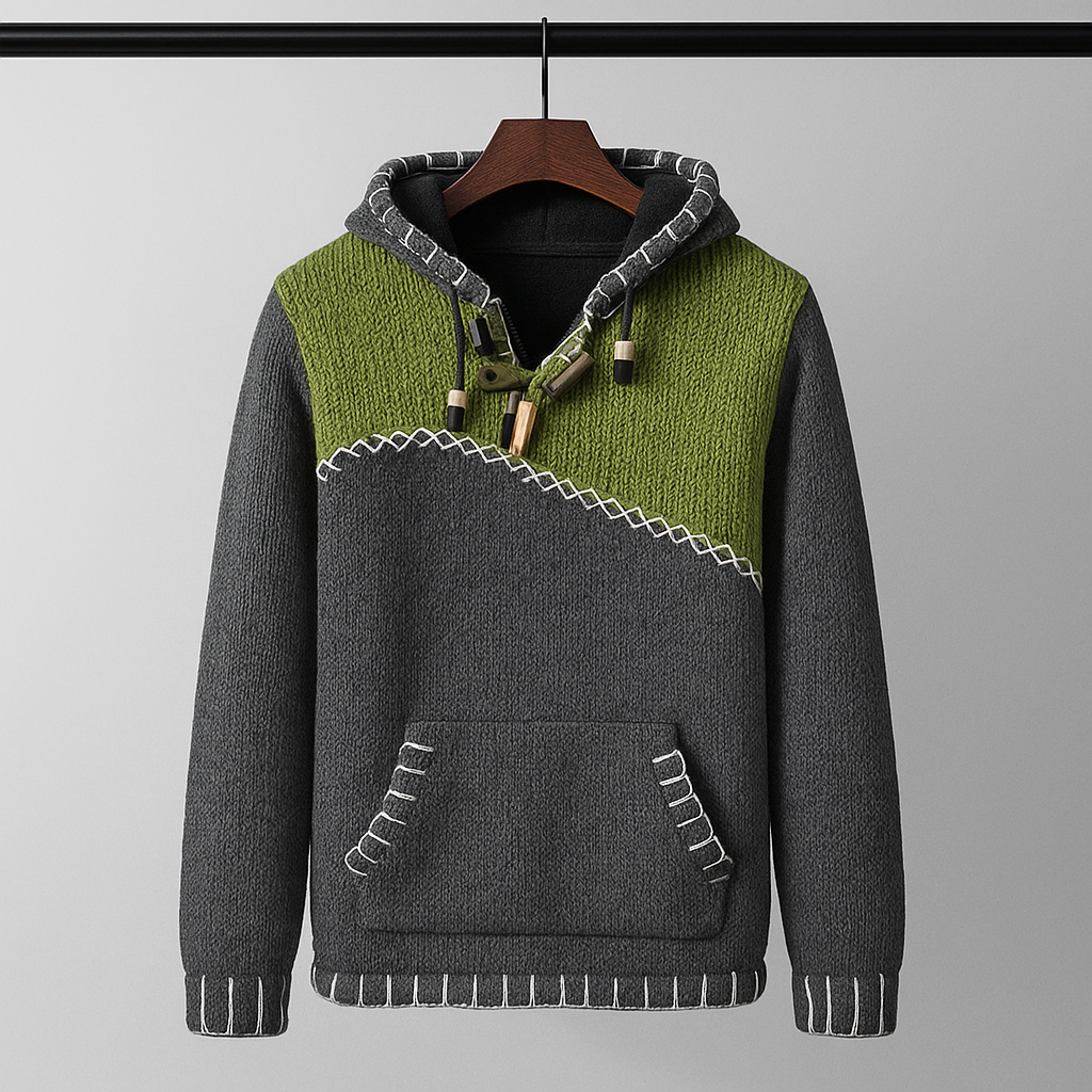 Felpa uomo autunnale bicolore moderna, con cappuccio. Comfort strutturato per stile casual e streetwear.