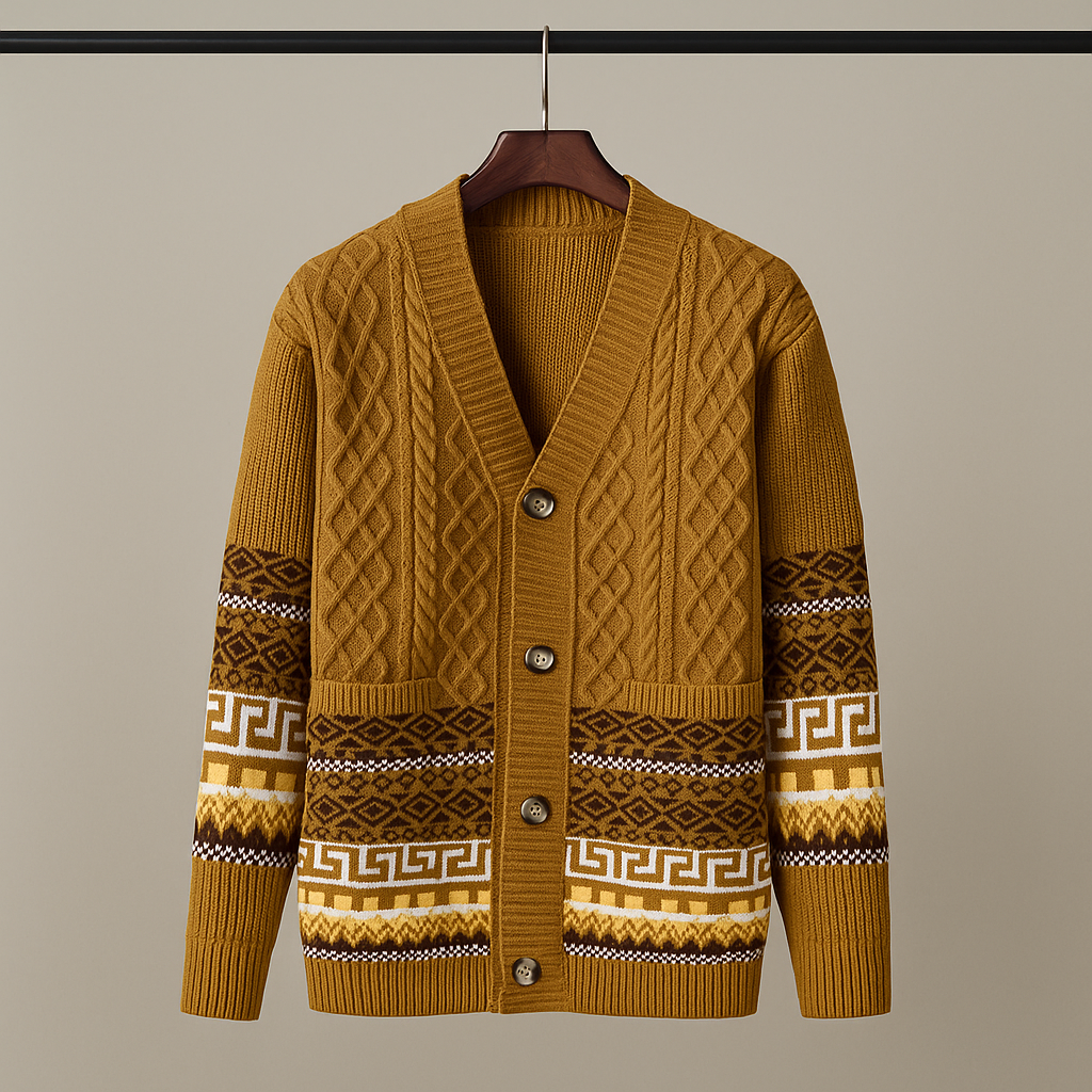 Maglia cardigan uomo con bottoni e texture, versatile per un abbigliamento maschile sofisticato.