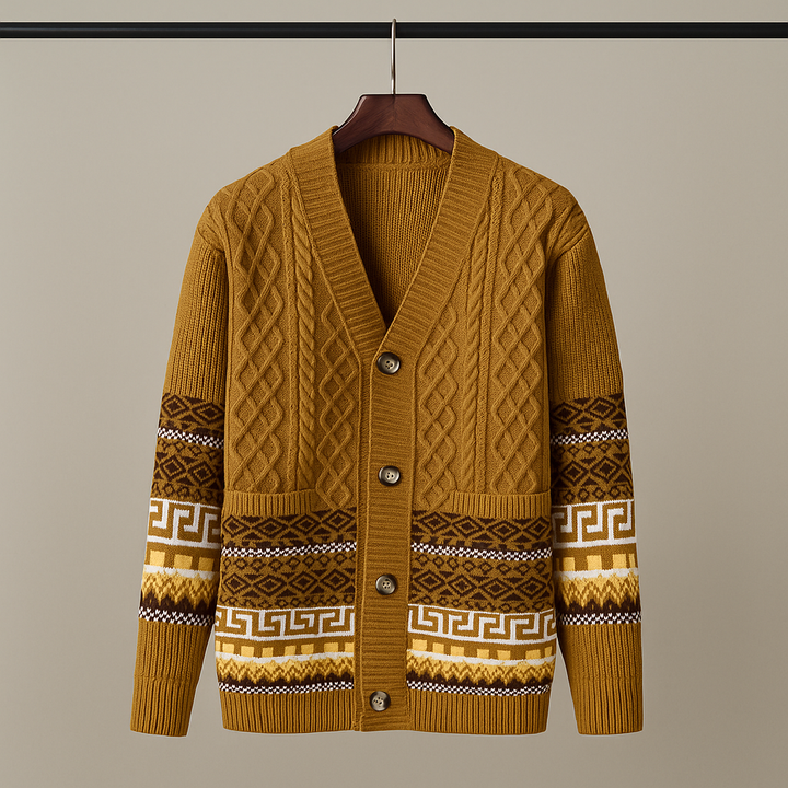 Maglia cardigan uomo con bottoni e texture, versatile per un abbigliamento maschile sofisticato.