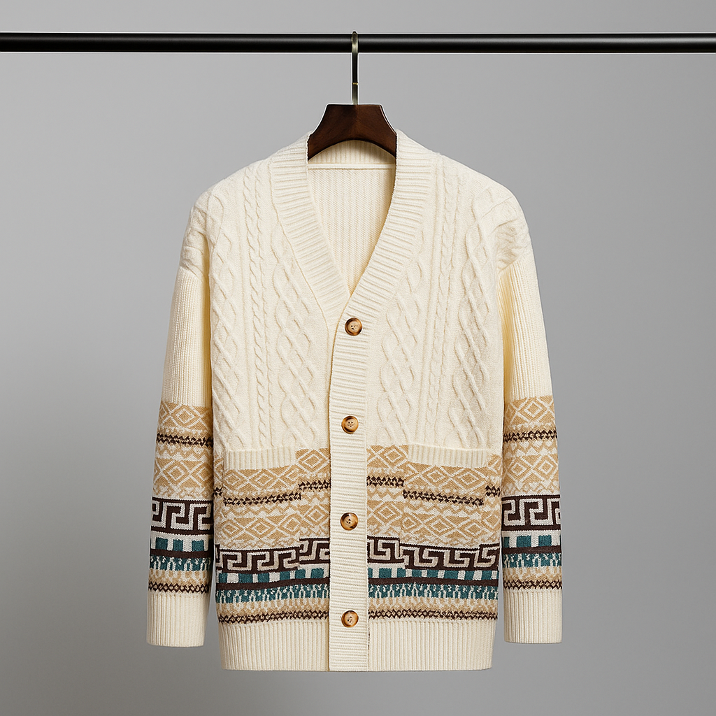 Cardigan casual da uomo blu con bottoni, ideale per stratificazione e moda maschile di tendenza.