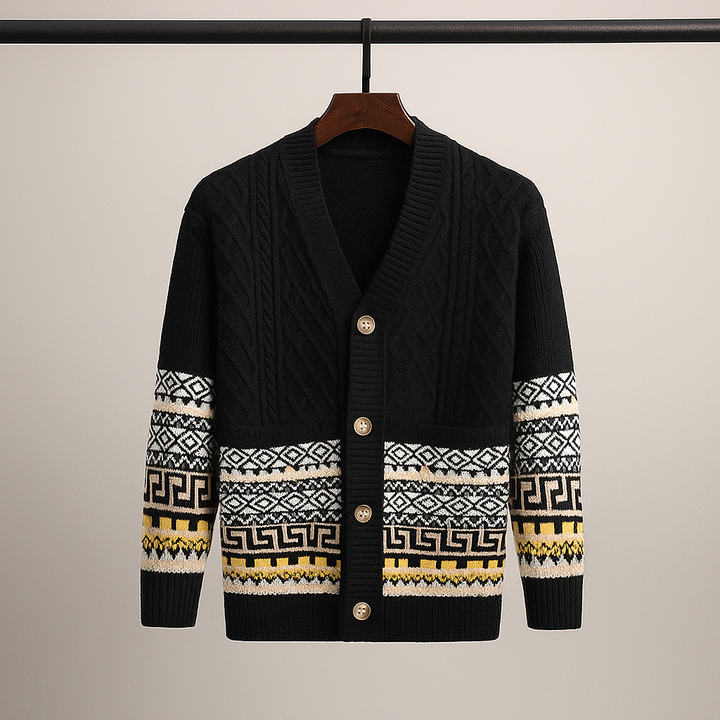 Cardigan uomo a maglia calda con bottoni, ideale per lo stile invernale e look eleganti.