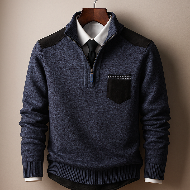 Maglione uomo mezza zip con pannelli a contrasto, versatile per primavera/autunno. Stile moderno e confortevole.