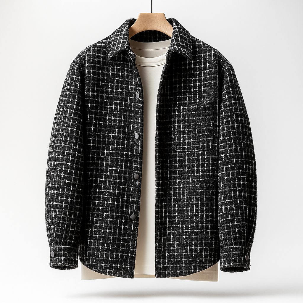 Camicia giacca uomo autunnale pied-de-poule in nero e marrone, capo versatile per moda casual elegante.