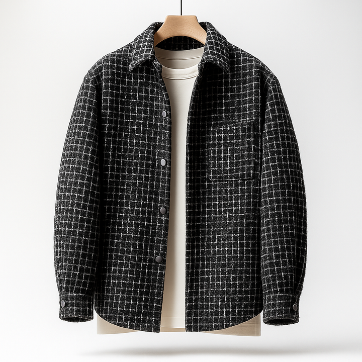 Camicia giacca uomo autunnale pied-de-poule in nero e marrone, capo versatile per moda casual elegante.