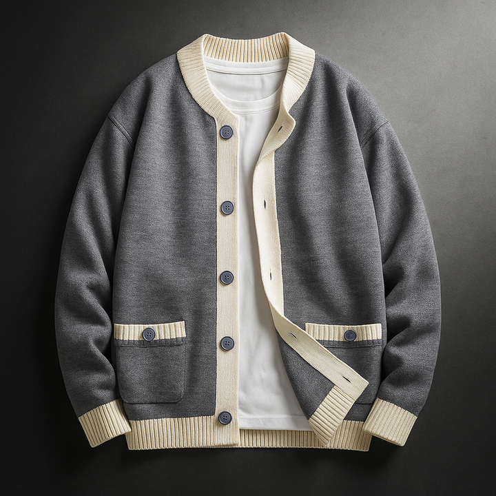 Maglione cardigan uomo casual-elegante, autunnale, versatile, con bottoni e distintivo bordo bicolore.