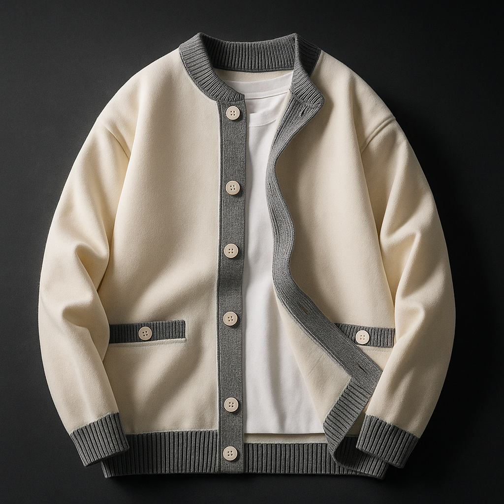 Cardigan uomo autunnale elegante con bottoni, maglione maschile in maglieria calda, dettaglio bordo bicolore.