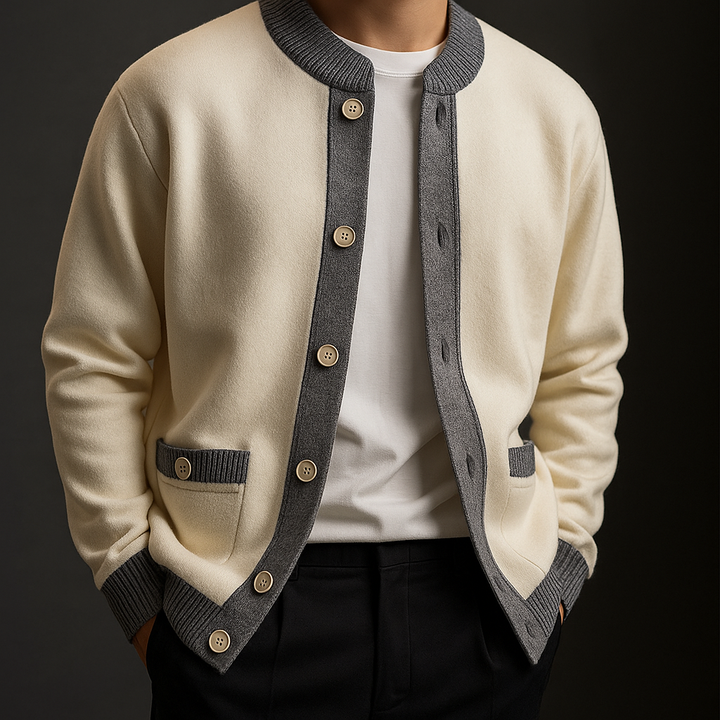 Cardigan uomo moda autunnale, confortevole, con bottoni e bordo bicolore per outfit maschili versatili.