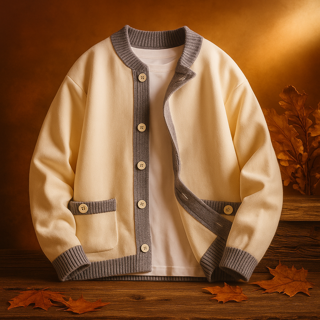 Cardigan uomo a bottoni, elegante abbigliamento maschile autunnale, con bordo bicolore alla moda.