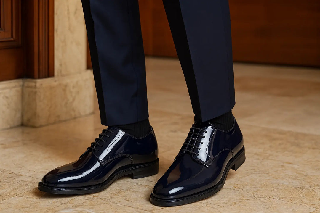 Calzature da uomo eleganti blu rialzate 7 cm. Perfette per eventi formali, business e cerimonie.