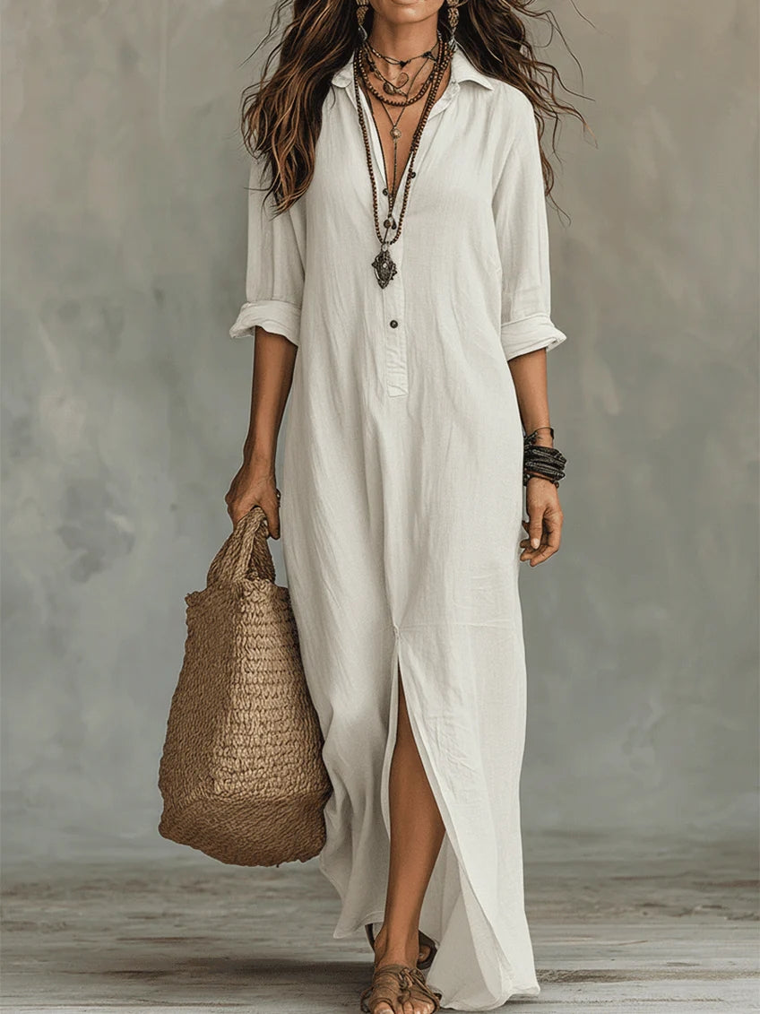 Abito lungo elegante donna, tessuto fluido che valorizza la silhouette, ideale per serate chic.