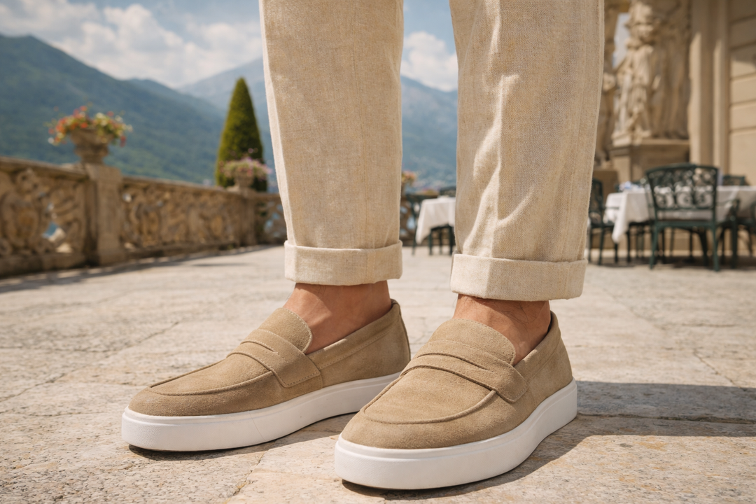 Mocassini rialzati uomo Taormina beige in pelle, stile italiano per eleganza e 6cm di statura extra.