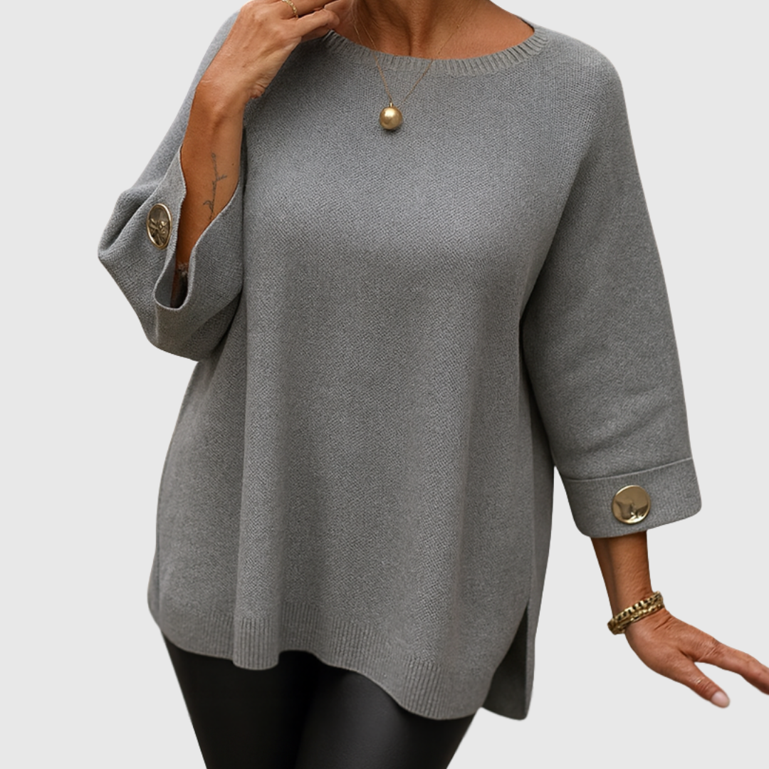 Top donna in maglia a girocollo, vestibilità comoda e moda casual chic per abbigliamento femminile.