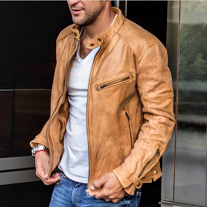 Giacca da uomo in pelle con cerniera, elegante e casual, capospalla versatile adatto a tutte le stagioni.