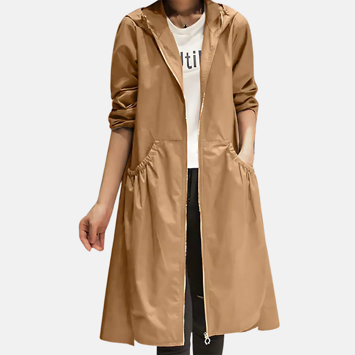 Cappotto impermeabile donna antivento per pioggia, lungo al ginocchio, con cappuccio, ideale per outfit casual moda.