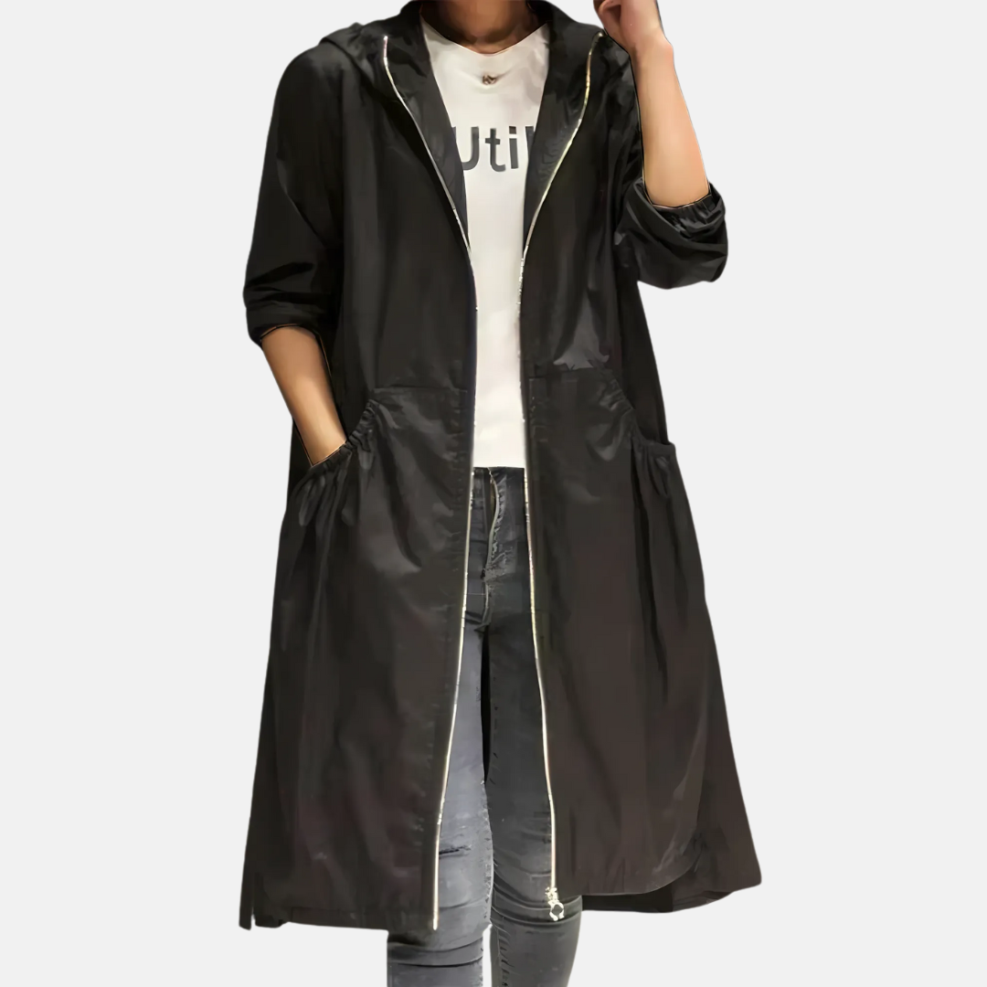 Giacca lunga donna impermeabile per primavera/autunno, con cappuccio regolabile, outerwear casual elegante.