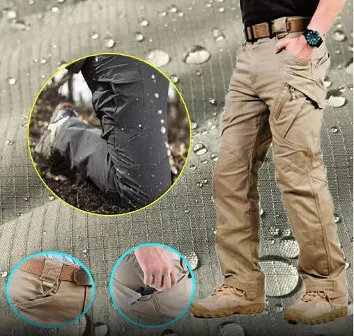Pantaloni tattici resistenti, tessuto durevole per uso militare e avventura estrema.