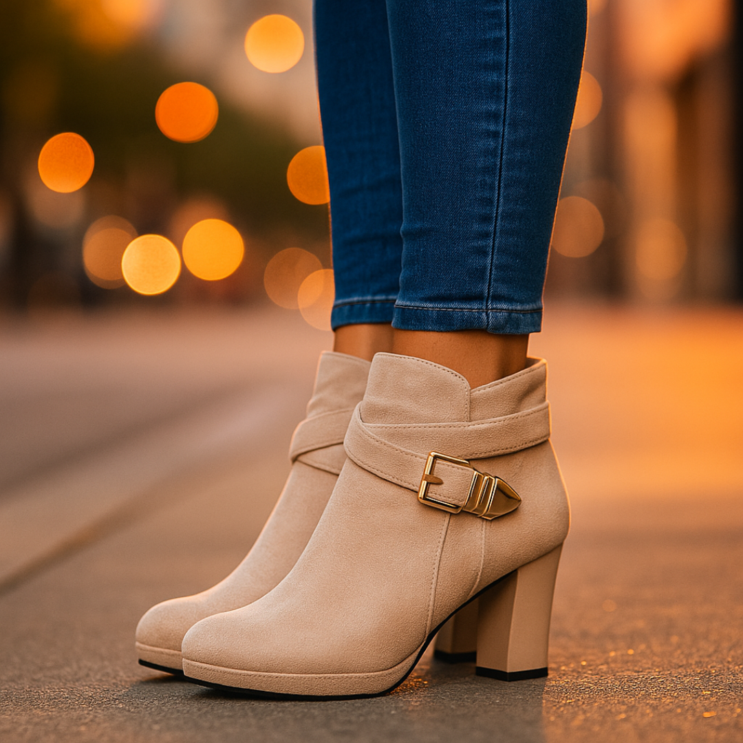 Stivaletti donna con tacco indossati. Look autunnale elegante e casual con fibbia oro. Calzature comode e versatili.
