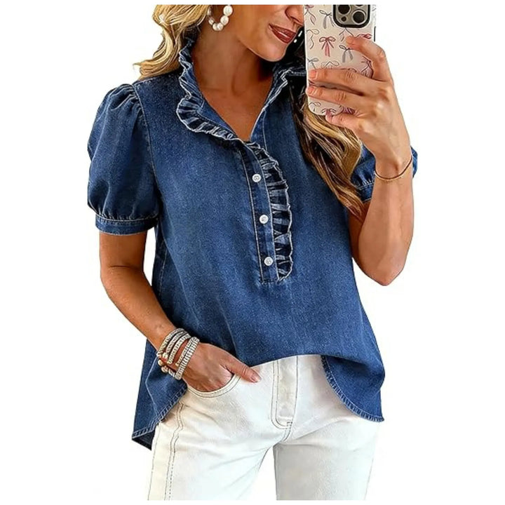 Moda donna: top con maniche a sbuffo e volant, vestibilità rilassata per massimo comfort e stile.