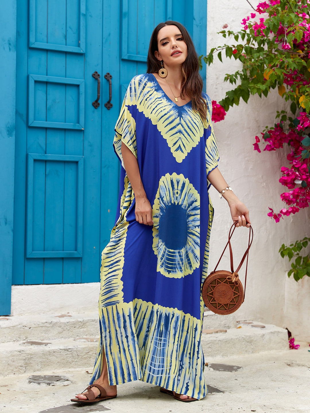 Vestito lungo leggero da donna, fantasia etnica, scollo a V, perfetto per l'estate.
