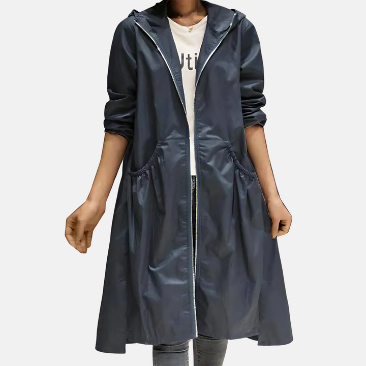 Giacca impermeabile donna, cappotto lungo al ginocchio con cappuccio, ideale per pioggia, autunno, primavera e look casual.