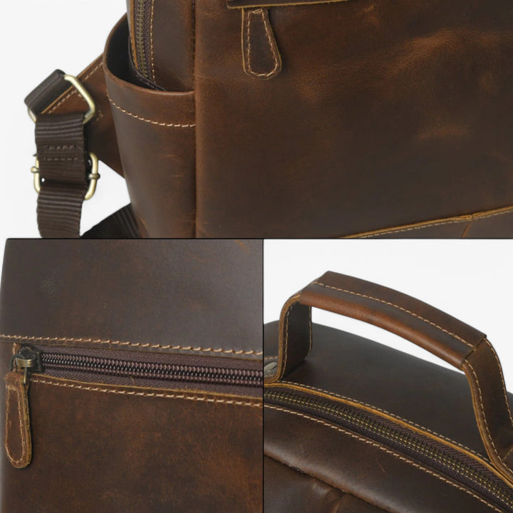 Dettaglio spallacci regolabili dello zaino marrone unisex, comfort ottimale.