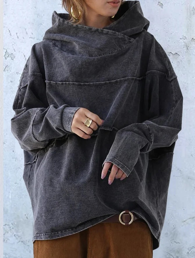 Felpa donna casual con cappuccio, effetto denim grigio scuro. Perfetta per uno stile urbano comodo primavera/autunno.