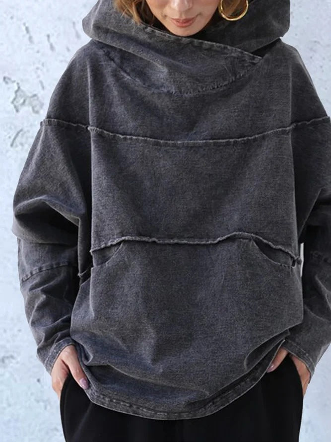 Felpa donna comoda grigio scuro effetto denim, con cappuccio. Stile casual versatile per primavera e autunno.