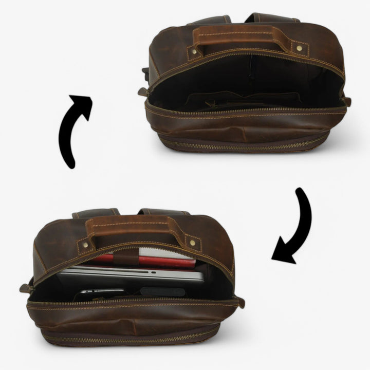 Vista laterale dello zaino marrone unisex, forma compatta e linee pulite.