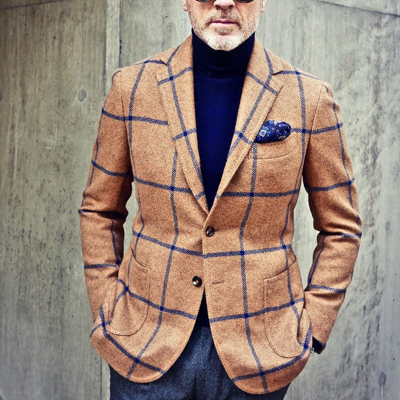 Giacca blazer uomo slim fit in fantasia plaid, perfetta per un look autunnale elegante o casual. Abbigliamento maschile.