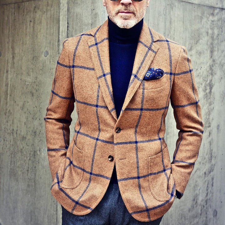 Giacca blazer uomo slim fit in fantasia plaid, perfetta per un look autunnale elegante o casual. Abbigliamento maschile.