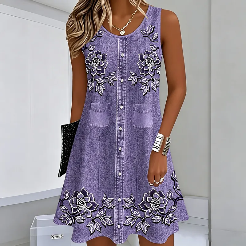 Abito estivo donna con stampa floreale vivace, bottoni decorativi e design senza maniche, ideale per l'estate.