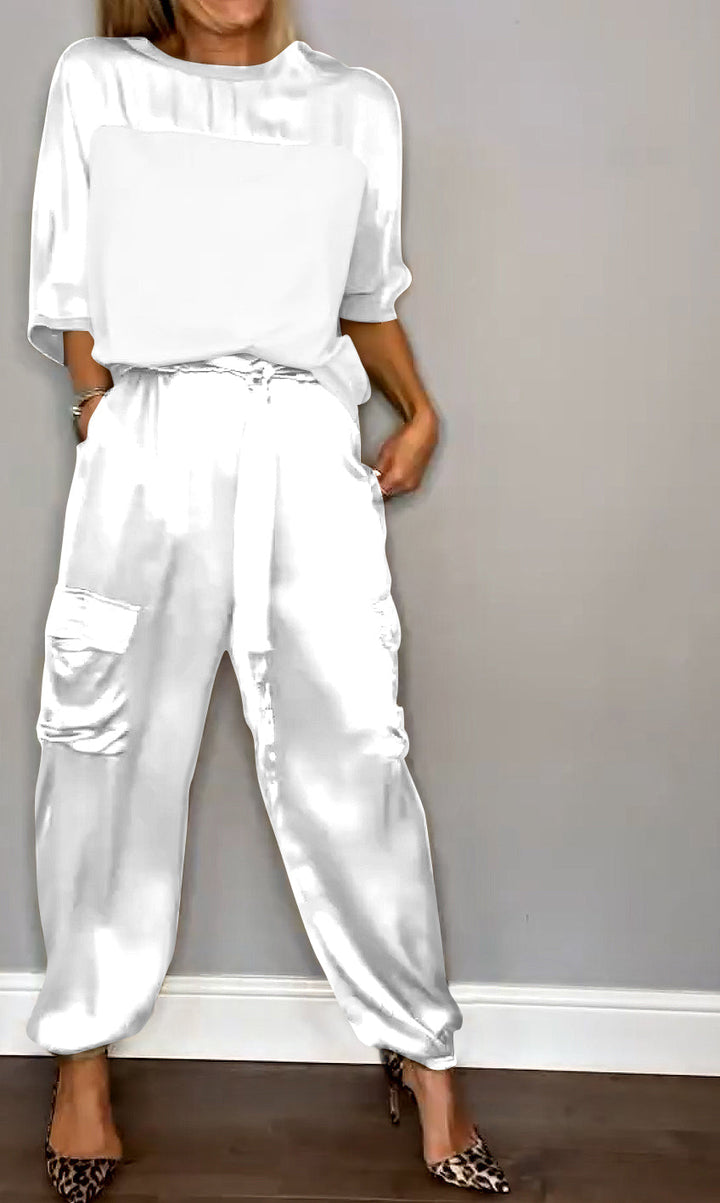Dettaglio del pantalone comodo del set due pezzi donna estivo, vestibilità perfetta.