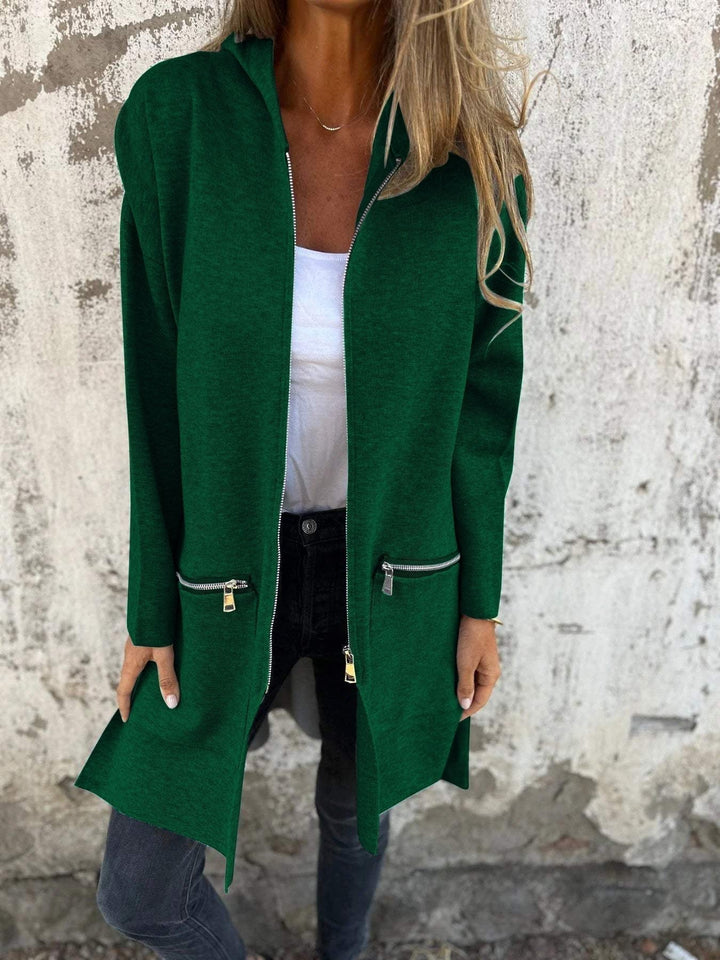 Cardigan donna con zip frontale, lungo e con cappuccio, moda autunno-inverno.