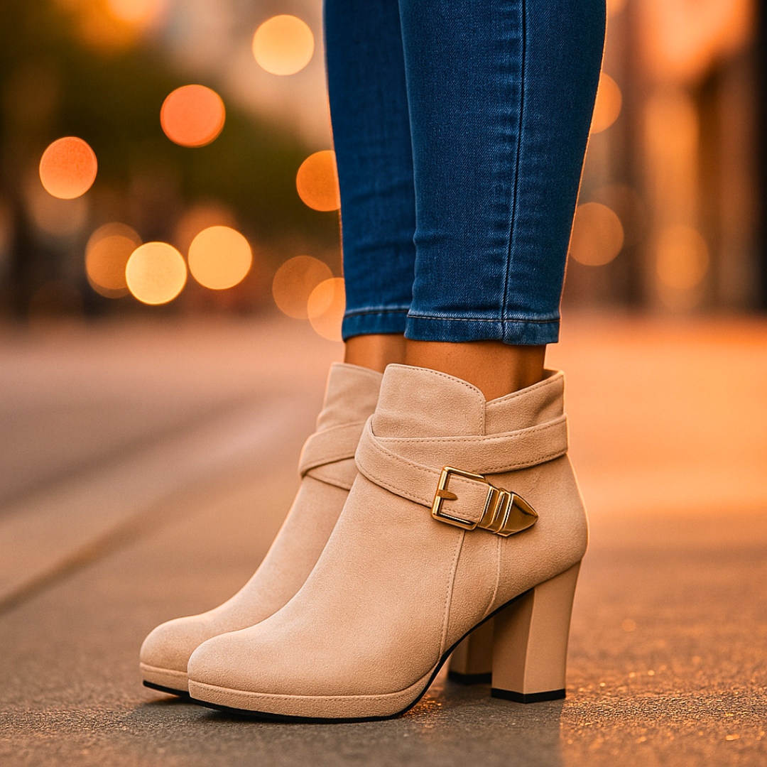 Stivaletti donna autunnali con tacco medio. Comfort e stile per calzature versatili. Dettaglio fibbia oro.