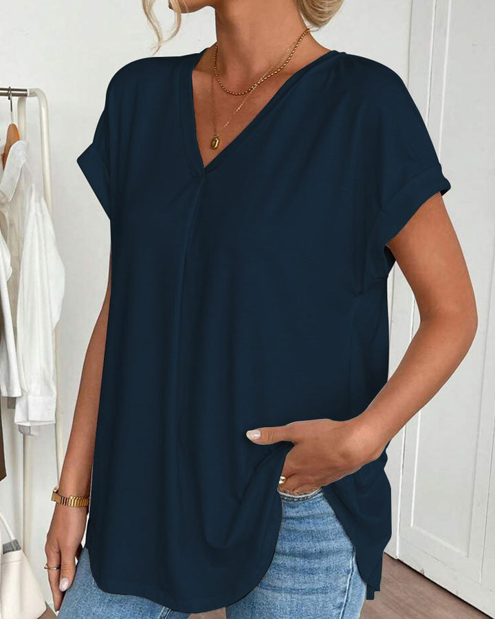 Maglietta estiva donna patchwork, maniche corte e scollo a V, un capo comodo e di tendenza per la primavera.