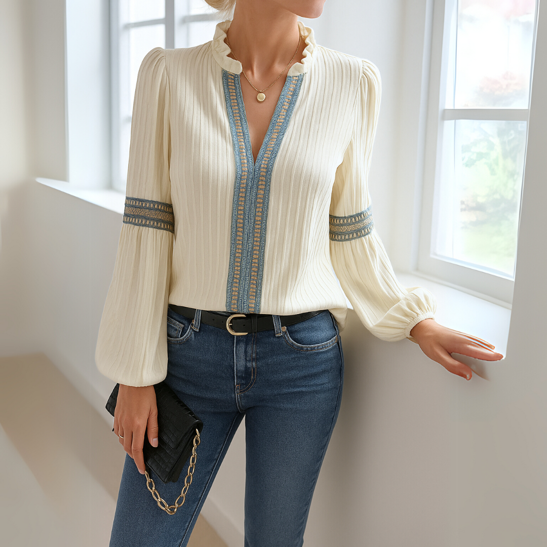 Blusa da donna elegante a manica lunga con scollo a V e pizzo. Perfetta per ufficio, sera o look casual.